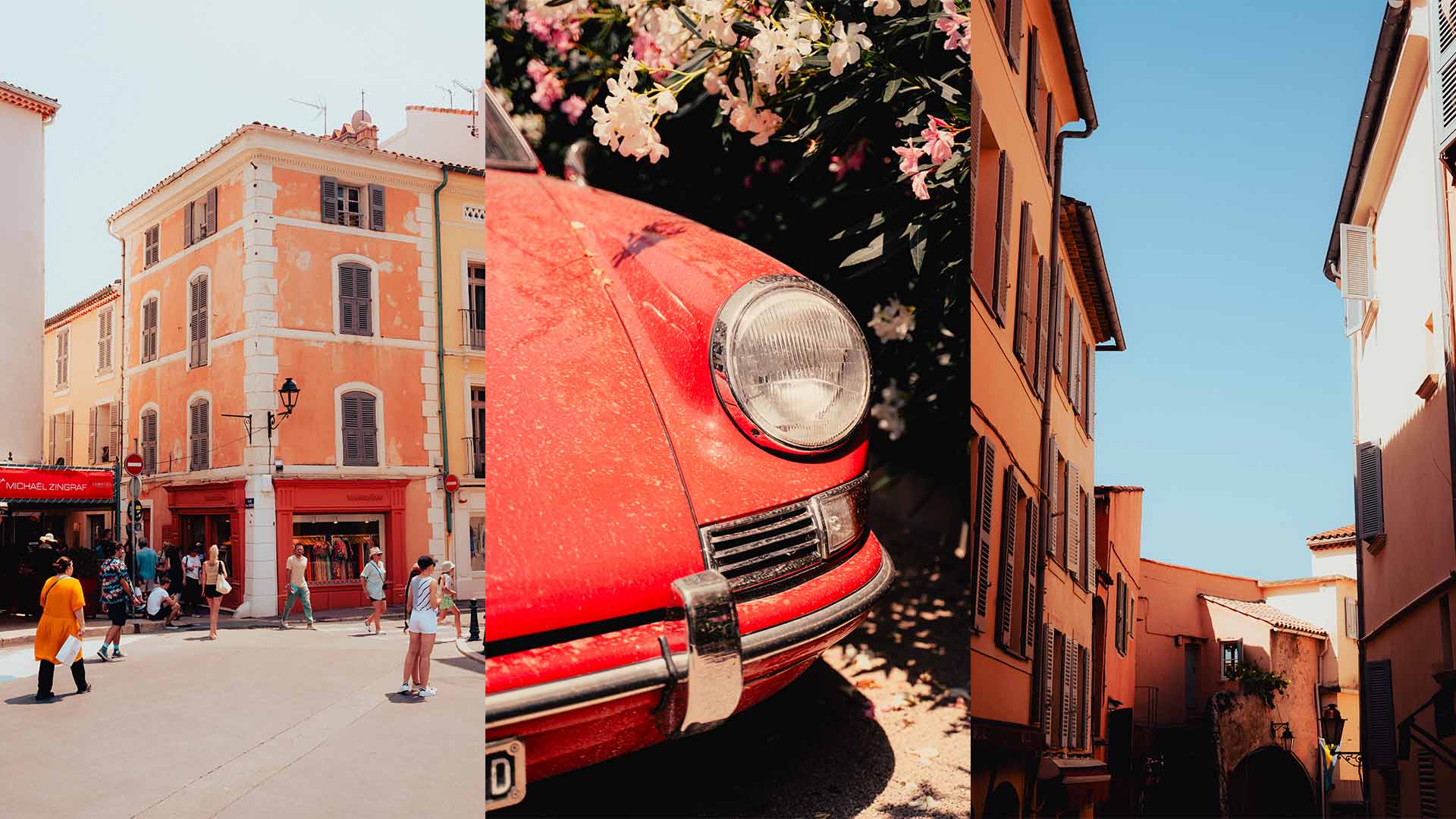 Three vertical images of buildings and a car in a warm coastal town in the south of france