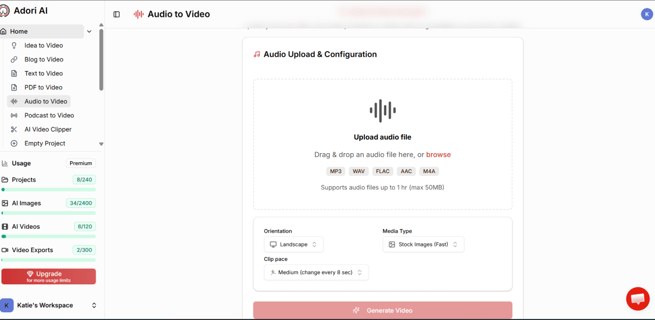 The AdoriAI platform accepts audio, PDF, text, and more as inputs