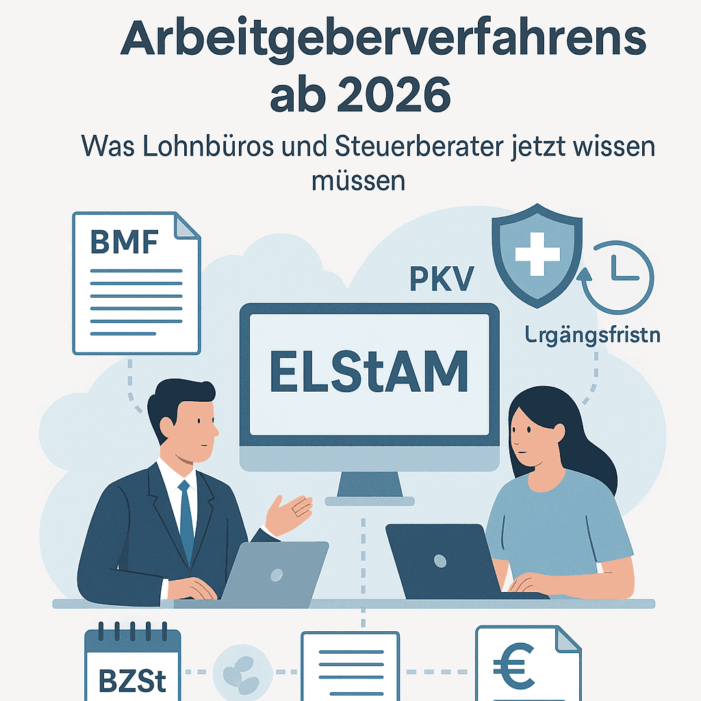 Illustration zum Artikel „Modernisierung des Arbeitgeberverfahrens ab 2026“: Zwei Lohnbuchhalter arbeiten am Computer mit ELStAM-Daten, umgeben von Symbolen für BMF, BZSt, PKV und Digitalisierung.