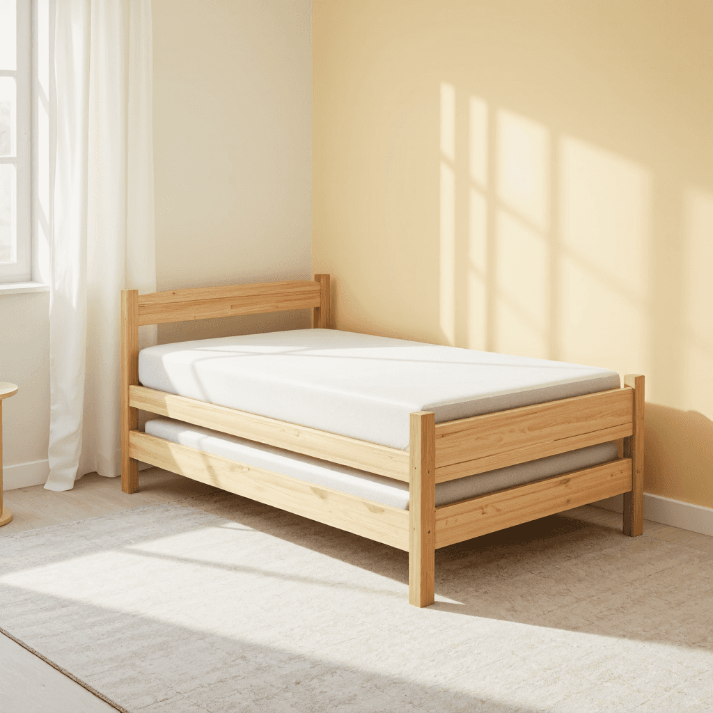 product photography of a single bed with a pull-out trundle