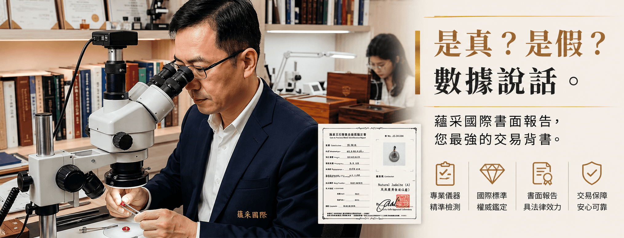 蘊采國際專業鑑定師專注使用顯微鏡觀察紅寶石，旁附專業鑑定書面報告。主視覺強調「是真？是假？數據說話」，展現蘊采國際提供具備公信力的交易背書與科學鑑定服務。