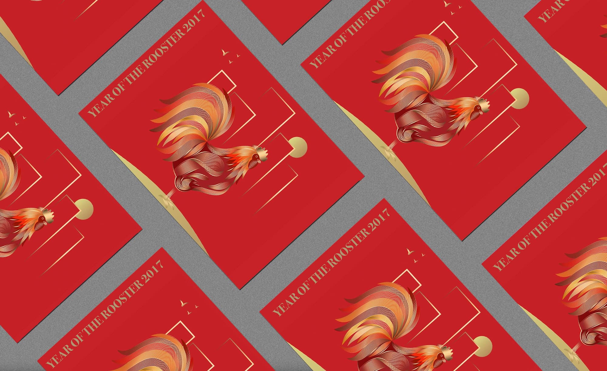 Rooster illustration in red colour on multiple cards laid out.