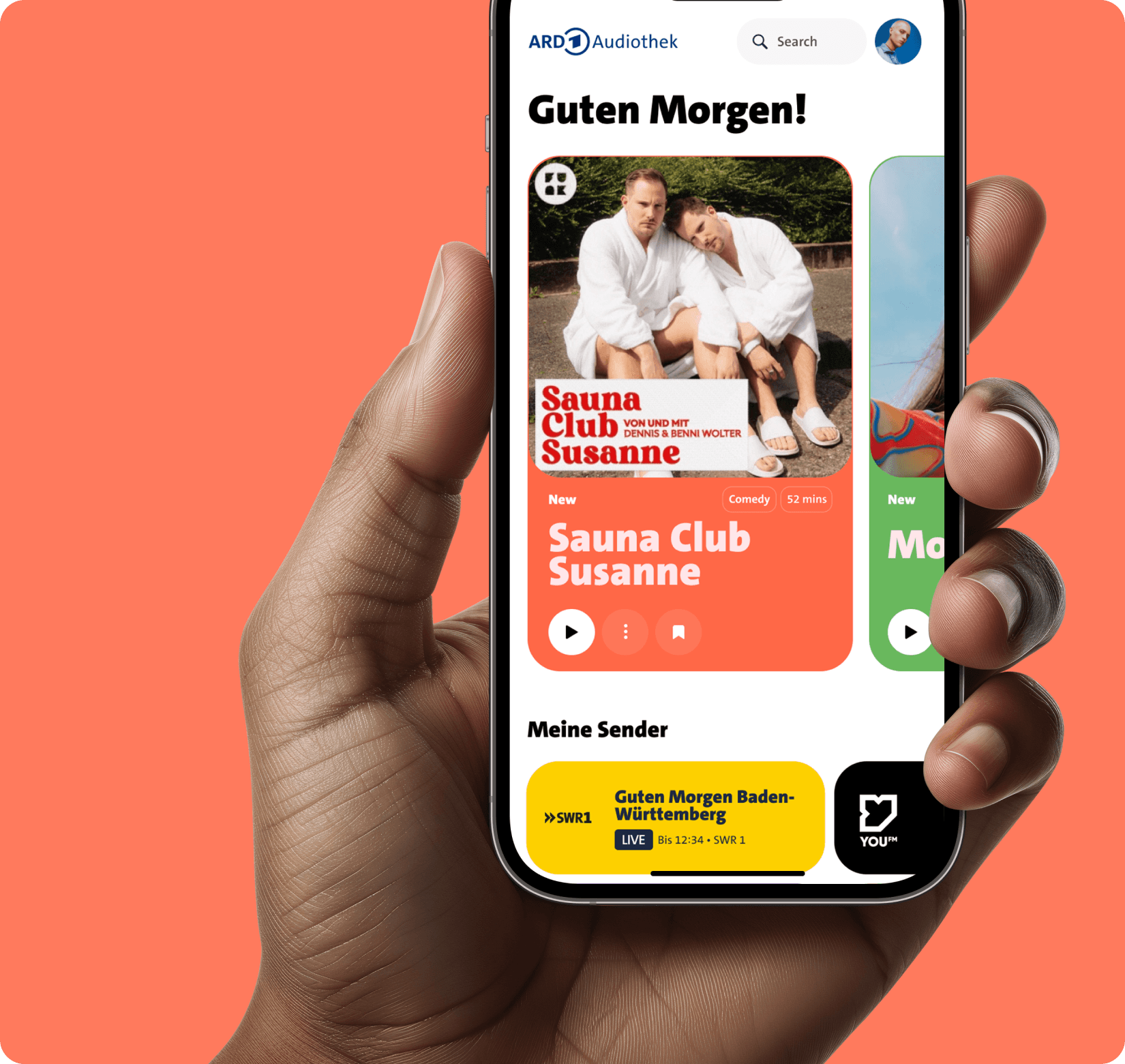 Hand holding a smartphone displaying the ARD Audiothek mobile app.