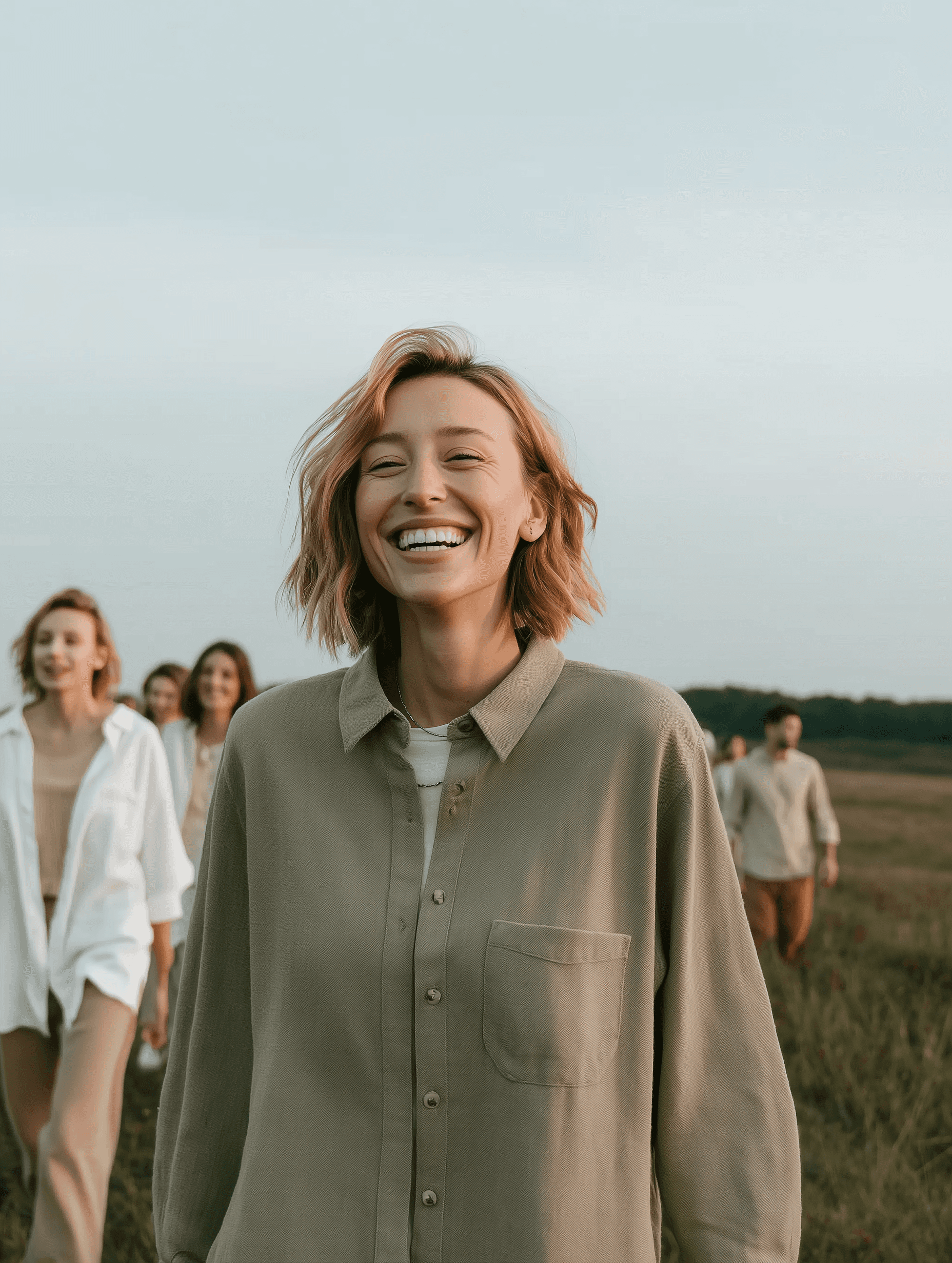 A woman laughing and connecting in nature during a mindfulness retreat, soft golden hour light, natural landscape, relaxed clothing