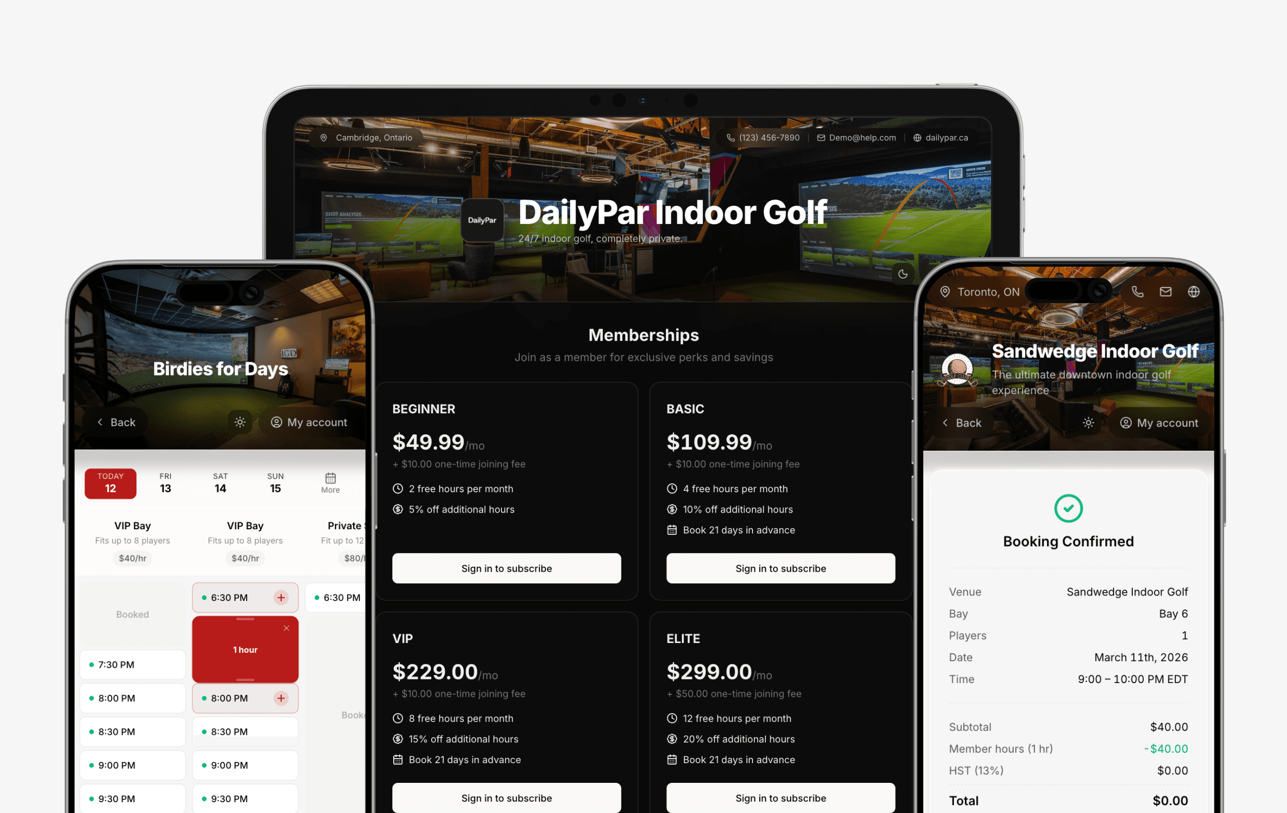 AllWedge admin dashboard showing live booking overview for indoor golf simulator facility