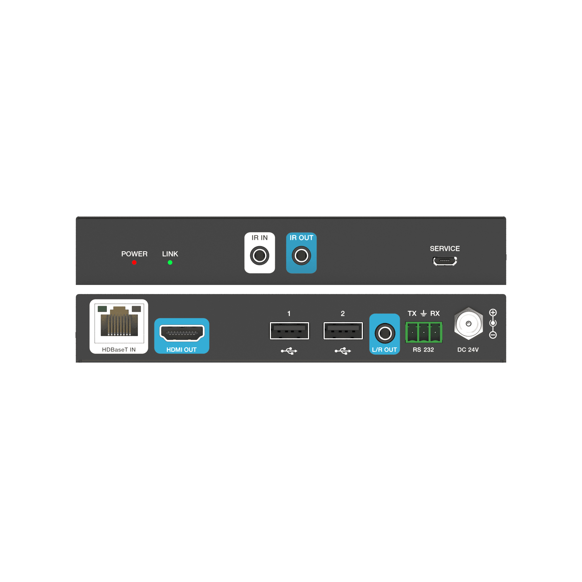 HDBaseT IN, HDMI OUT, USB ports, IR IN/OUT, RS232, DC 24V