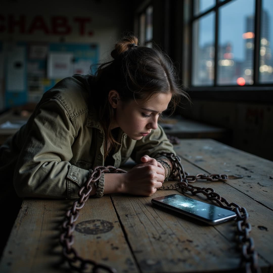 eine frau sitzt in einem dunklen raum und schaut auf ihr handy, um ihre hände sind ketten