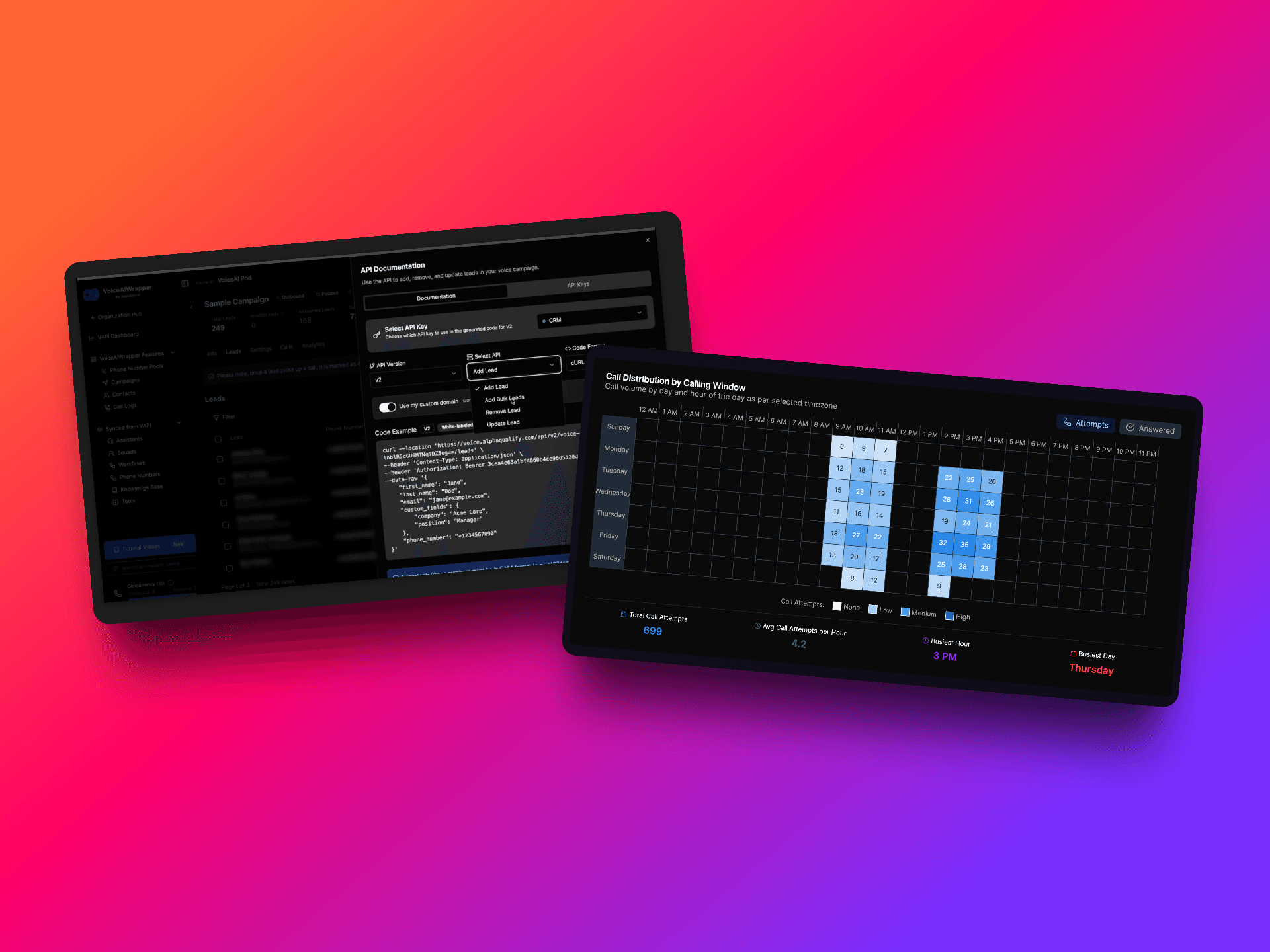 VoiceAIWrapper dual-screen interface showing API Documentation panel with code examples for integrating AI Sales capabilities including 'Sales MS Bot' configuration with parameters for name, greeting, and objective (call to 15 people), alongside Call Distribution by Calling Window heatmap displaying hourly call activity patterns from Monday through Sunday (12 AM to 11 PM) with concentrated activity shown in blue blocks during business hours, featuring call statistics of 698 total calls and distribution across weekdays with Thursday highlighted - AI Sales. Make instant calls to lead that have filled up an ad form | VoiceAIWrapper.