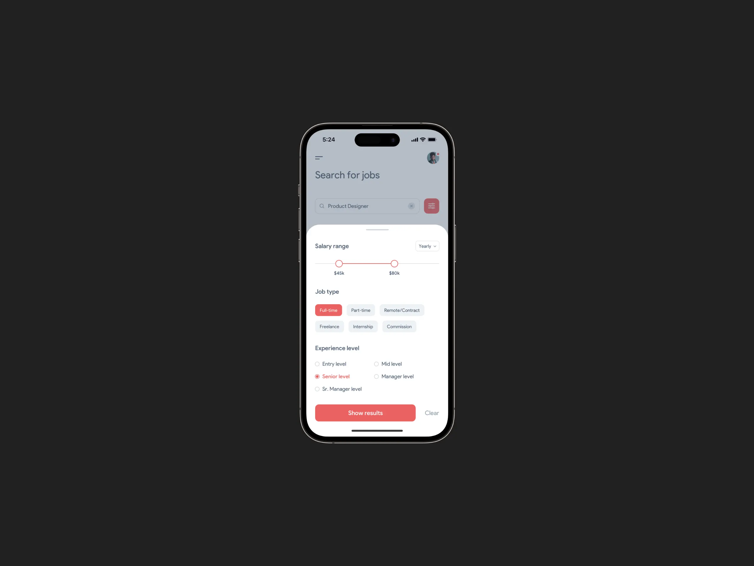 A screenshot of job gate filters popup