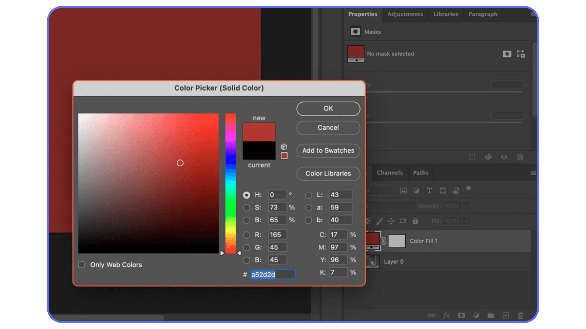 Photoshop color picker window open with red tones selected and hex color code highlighted.
