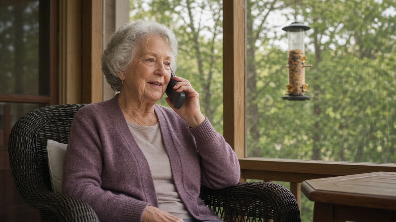 The image shows an elderly woman with gray hair seated on a wicker chair indoors near a large window, engaged in a phone call using a cordless phone. She is wearing a light purple cardigan over a beige top and appears calm and attentive. The setting is a cozy home environment with natural light filtering through the window, which shows greenery outside and a bird feeder hanging near the window. This scene represents a comfortable and supportive atmosphere typical of at-home care for seniors, highlighting communication and connection.