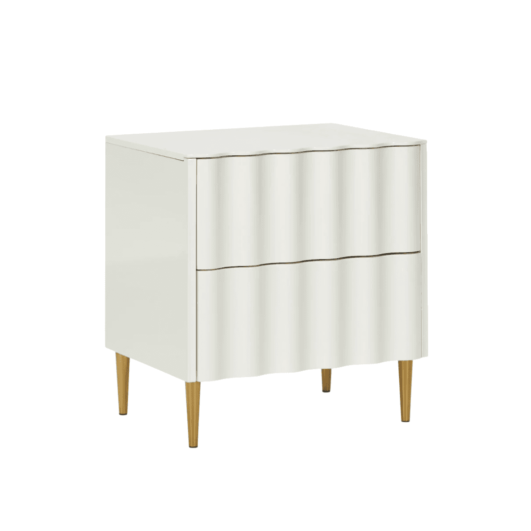 white sideboard cupboard with curved drawers on a white studio background