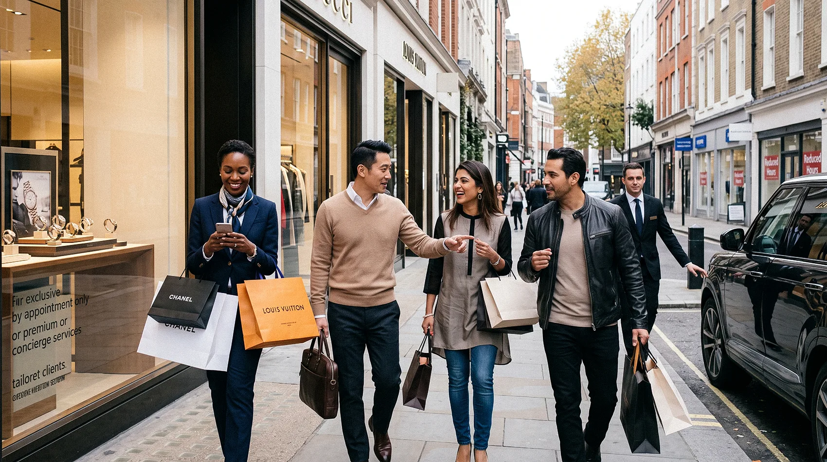 Diverse group of affluent shoppers with Chanel and Louis Vuitton bags walking on luxury high street in London.