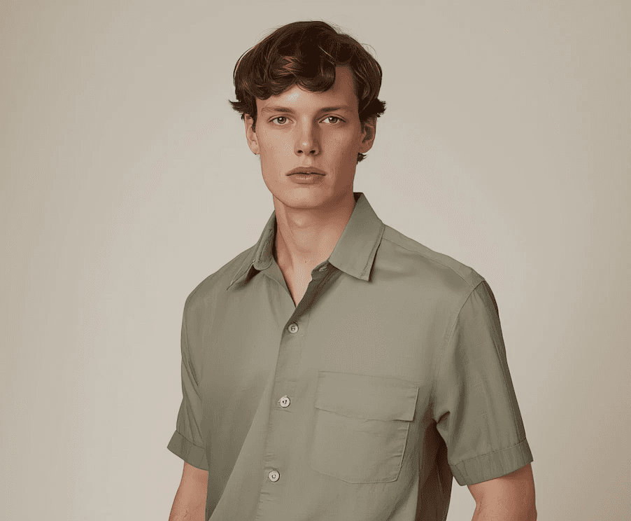 Young man wearing shiny sage green short-sleeve shirt