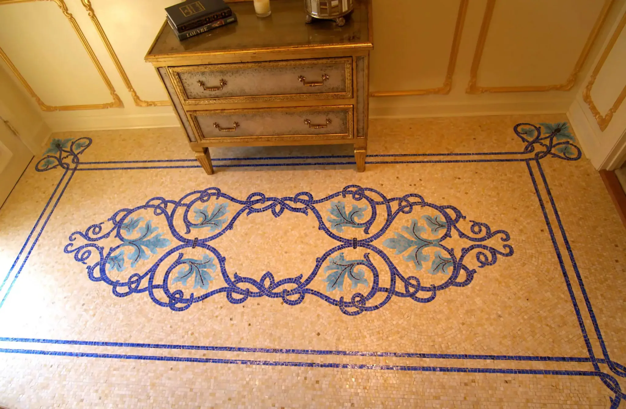 Louis XV marble rug, installed — hand-cut marble mosaic floor by Mosaiclegs Art Studio