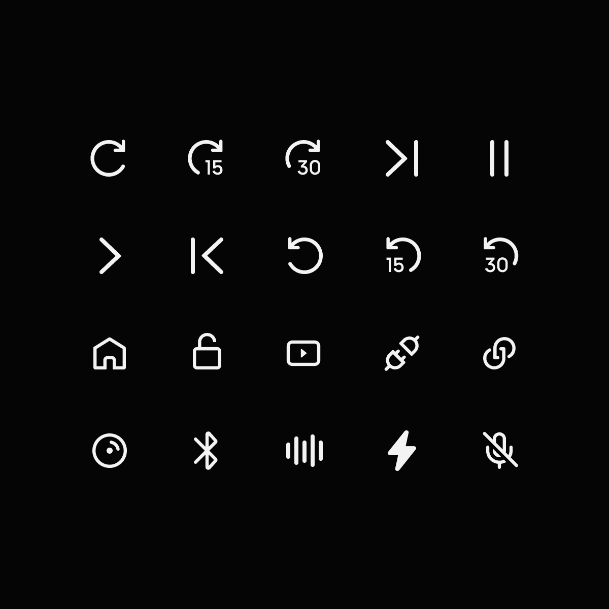 Grille d'icônes minimalistes en ligne claire (stroke) sur fond noir, conçues spécifiquement pour l'application mobile Devialet. Cet extrait montre des contrôles de lecture (play, pause, skip), des symboles de connectivité (Bluetooth, Wi-Fi) et des fonctions système, illustrant le raffinement et l'excellence des détails visuels du projet.