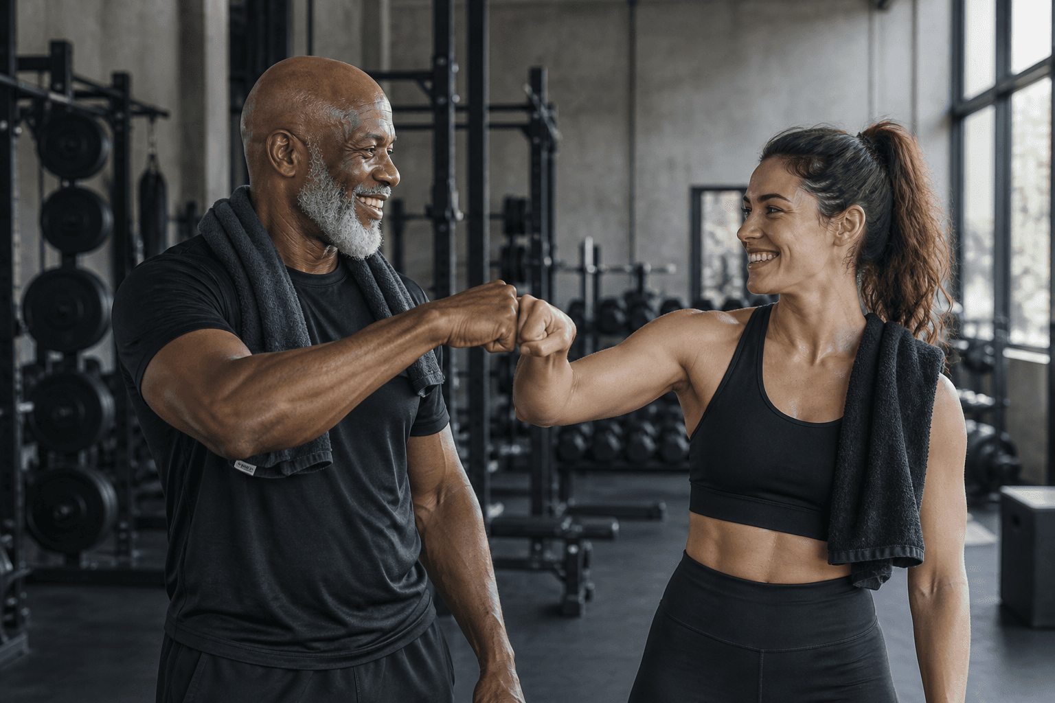 Two members celebrating a session with a fist bump