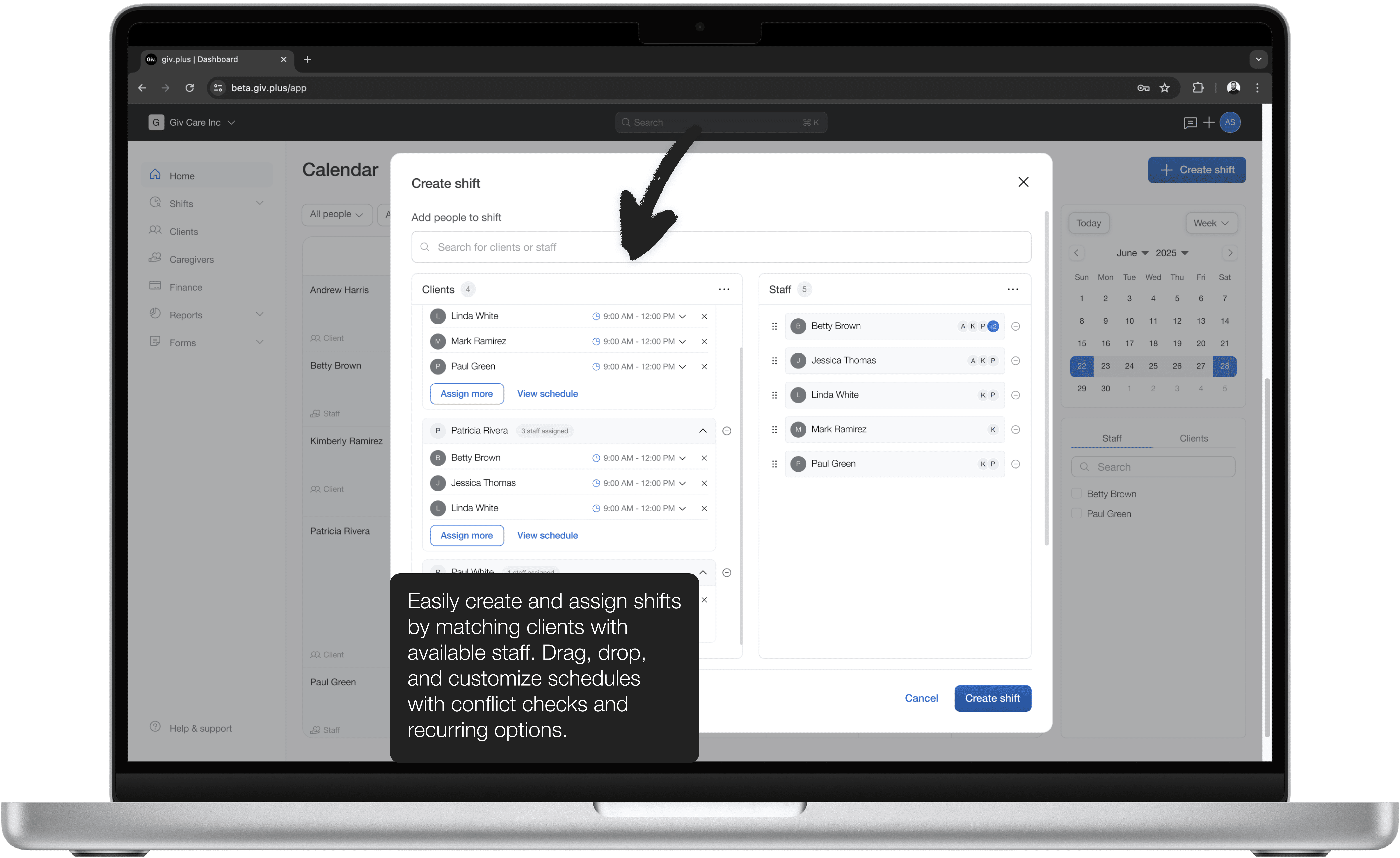 Assigning staff and clients to a shift.