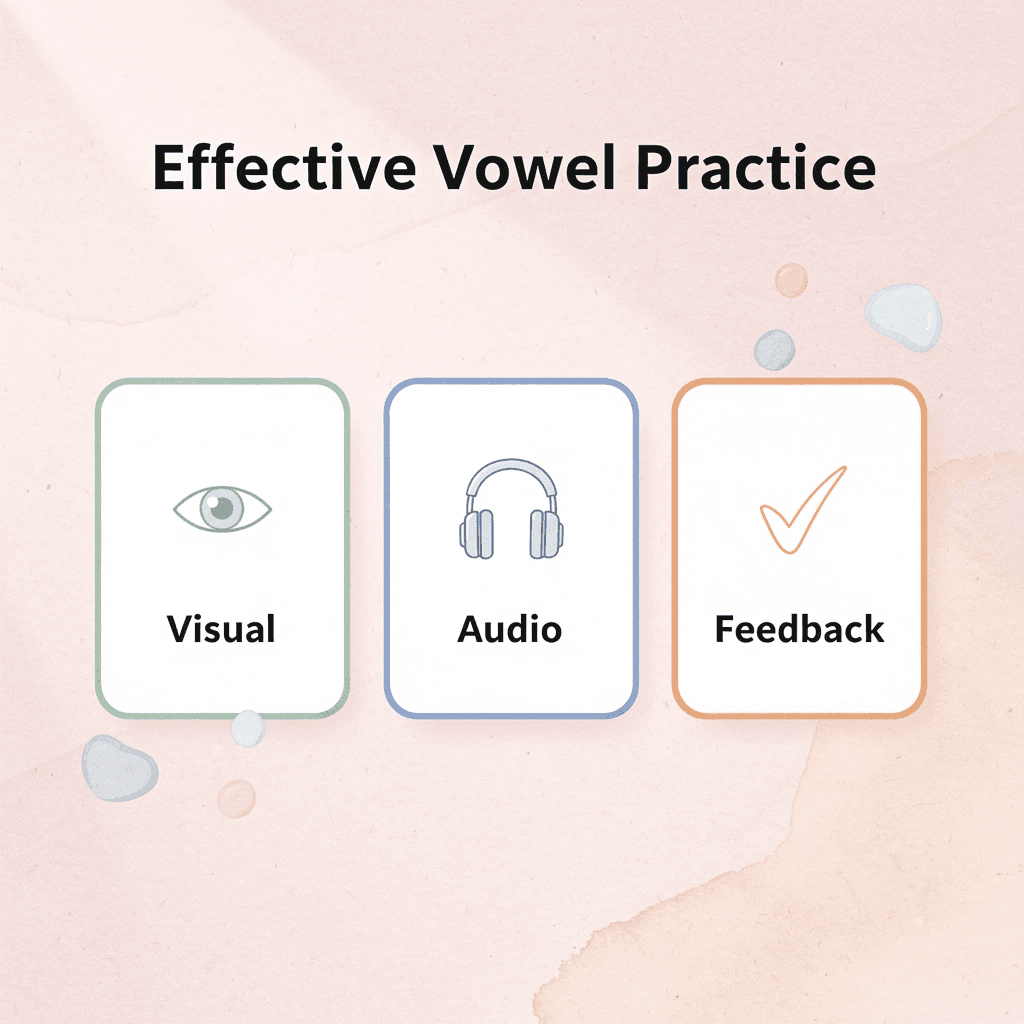 Three cards showing components of effective Arabic vowel practice