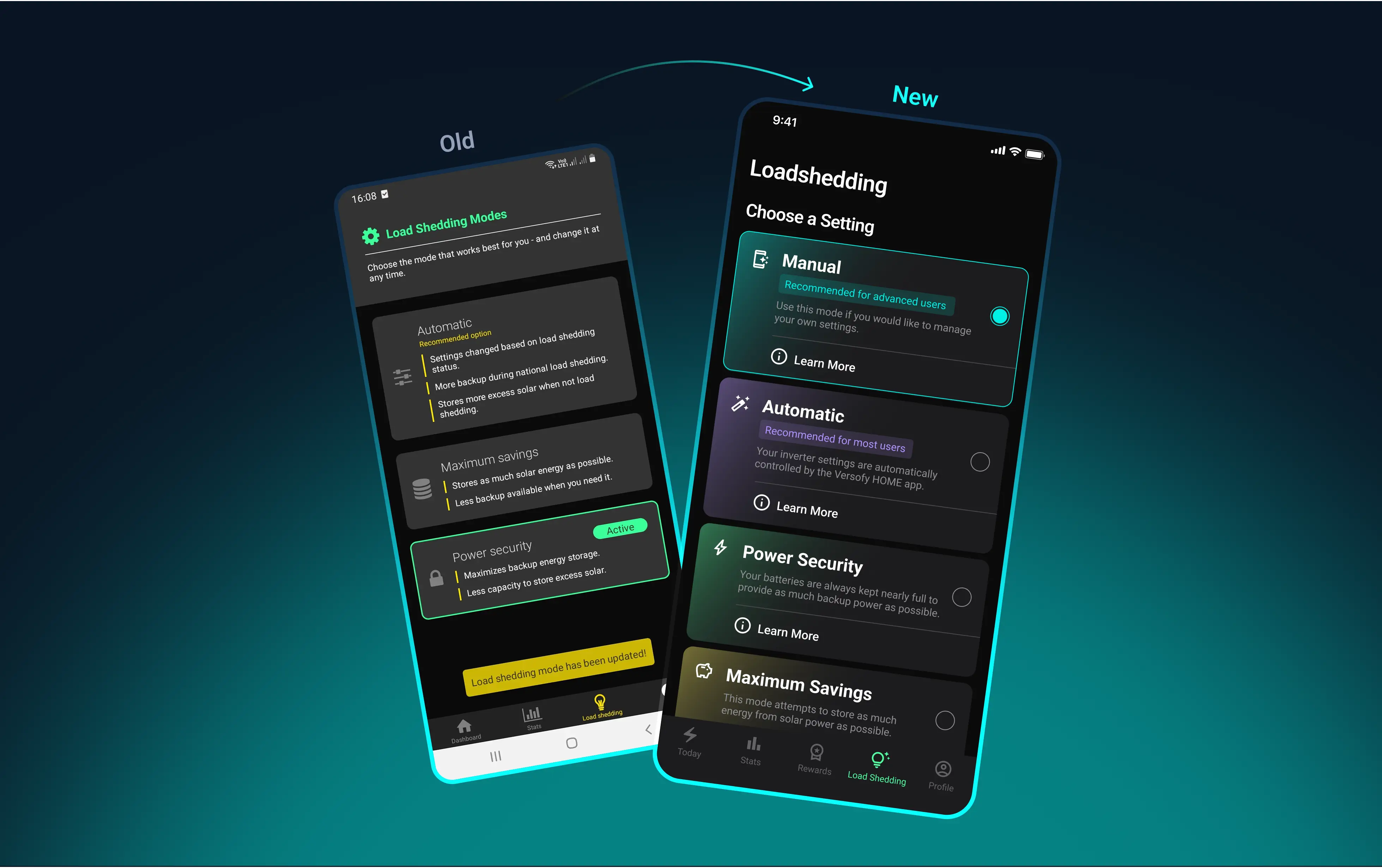 An old vs new comparison of the loadshedding tab