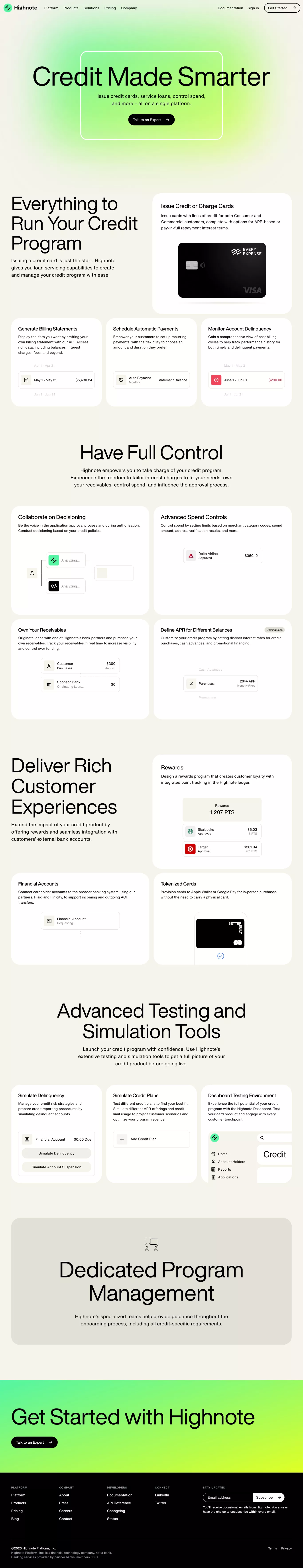 Highnote – Credit landing page screenshot showcasing Tech and Finance design