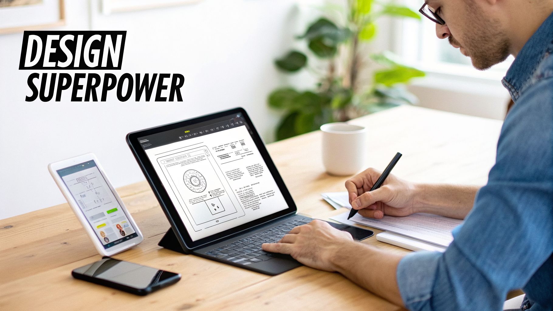 A person working on web app design, typing on a tablet and writing notes, with other mobile devices on a wooden desk.