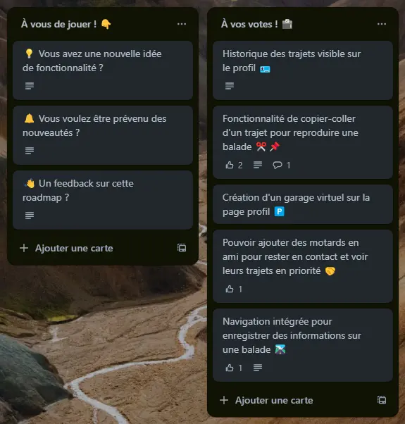 Tableau participatif On Wheels montrant les idées de fonctionnalités votées par la communauté motarde