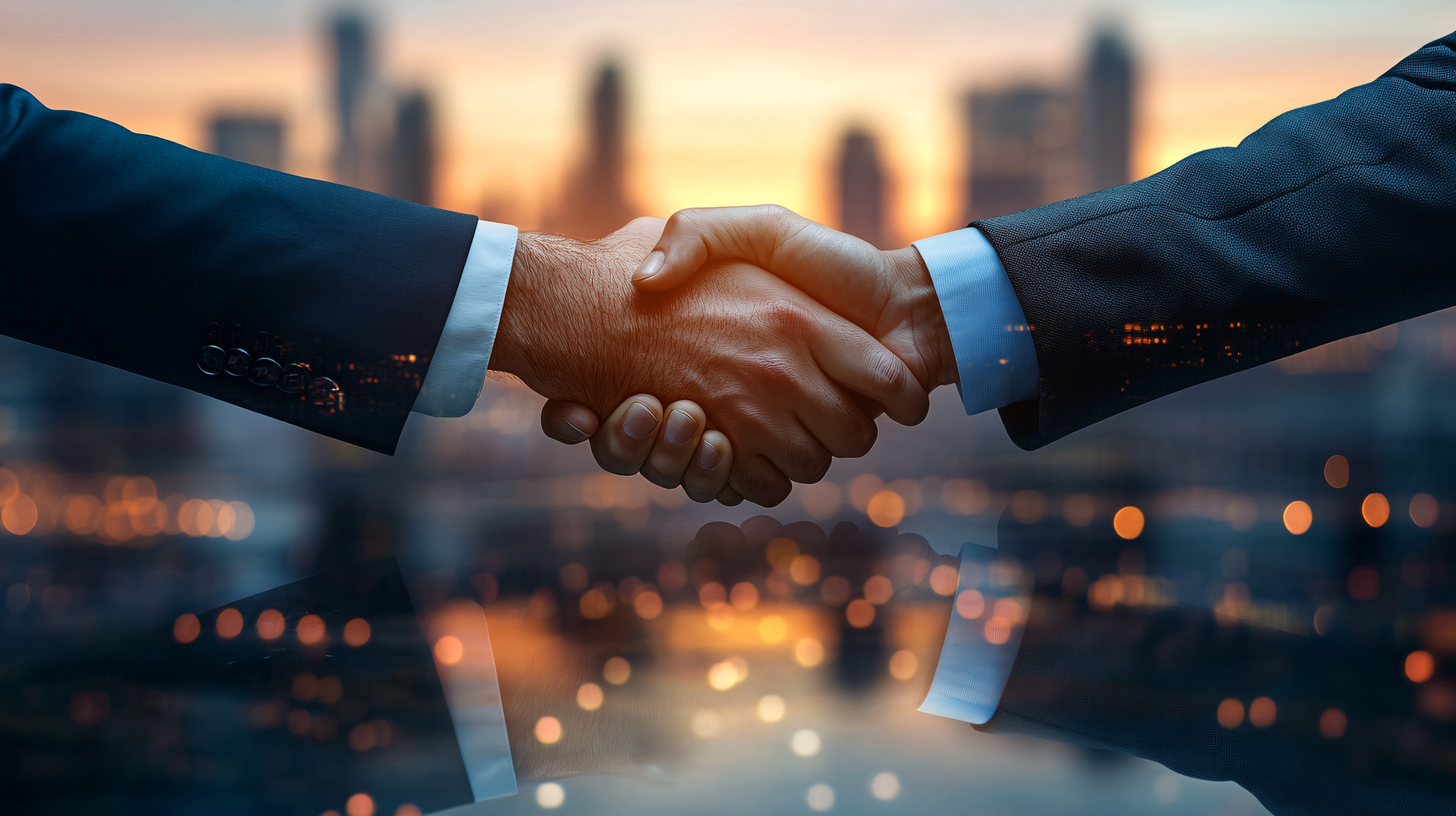 Business handshake against city skyline — private lending decisions Maranta Capital