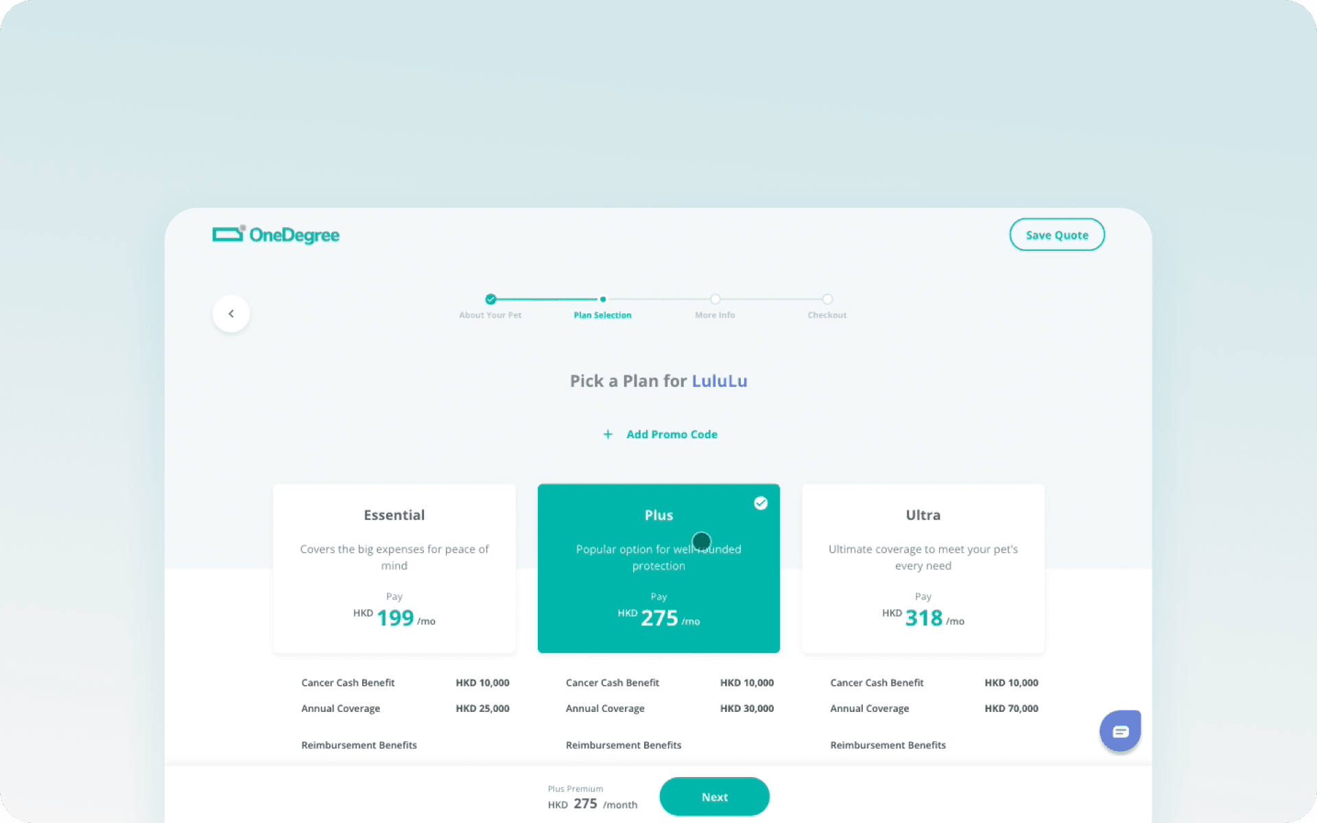 Plan selection interface in the virtual insurance purchase flow.