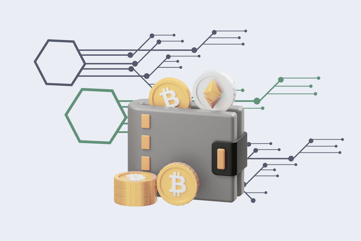 A 3D-style digital illustration featuring a grey wallet with gold and silver cryptocurrency coins, including Bitcoin and Ethereum. The wallet and coins are set against a light background with abstract, branching circuit lines and hexagonal nodes, symbolizing blockchain technology and digital finance.
