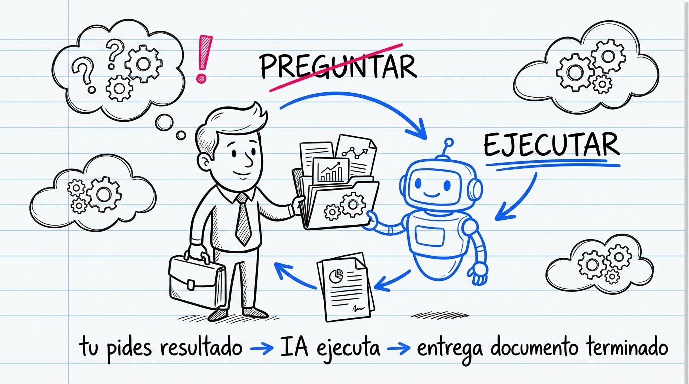 Ilustración estilo doodle de un empresario entregando carpetas con archivos a un asistente IA, con las palabras PREGUNTAR tachada en rojo y EJECUTAR subrayada en azul, mostrando el flujo: tú pides resultado, la IA ejecuta y entrega documento terminado.