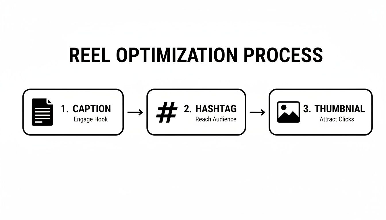Flowchart illustrating the Reel optimization process with steps: caption for engagement, hashtag for reach, and thumbnail for clicks.