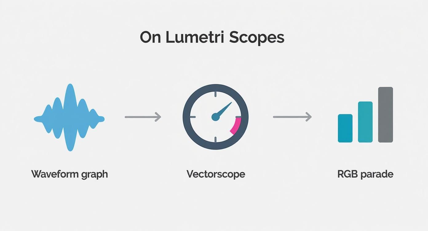 Infographic showing the three-step process of using Lumetri Scopes: Waveform for exposure, Vectorscope for hue, and RGB Parade for color balance.
