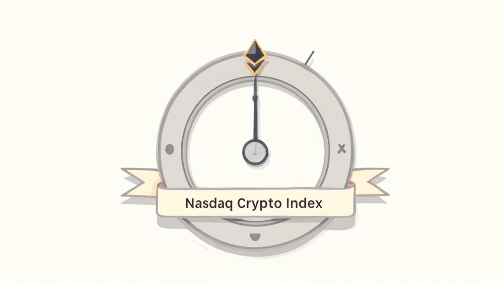 Nasdaq Crypto Index logo featuring Ethereum symbol on compass design with banner ribbon