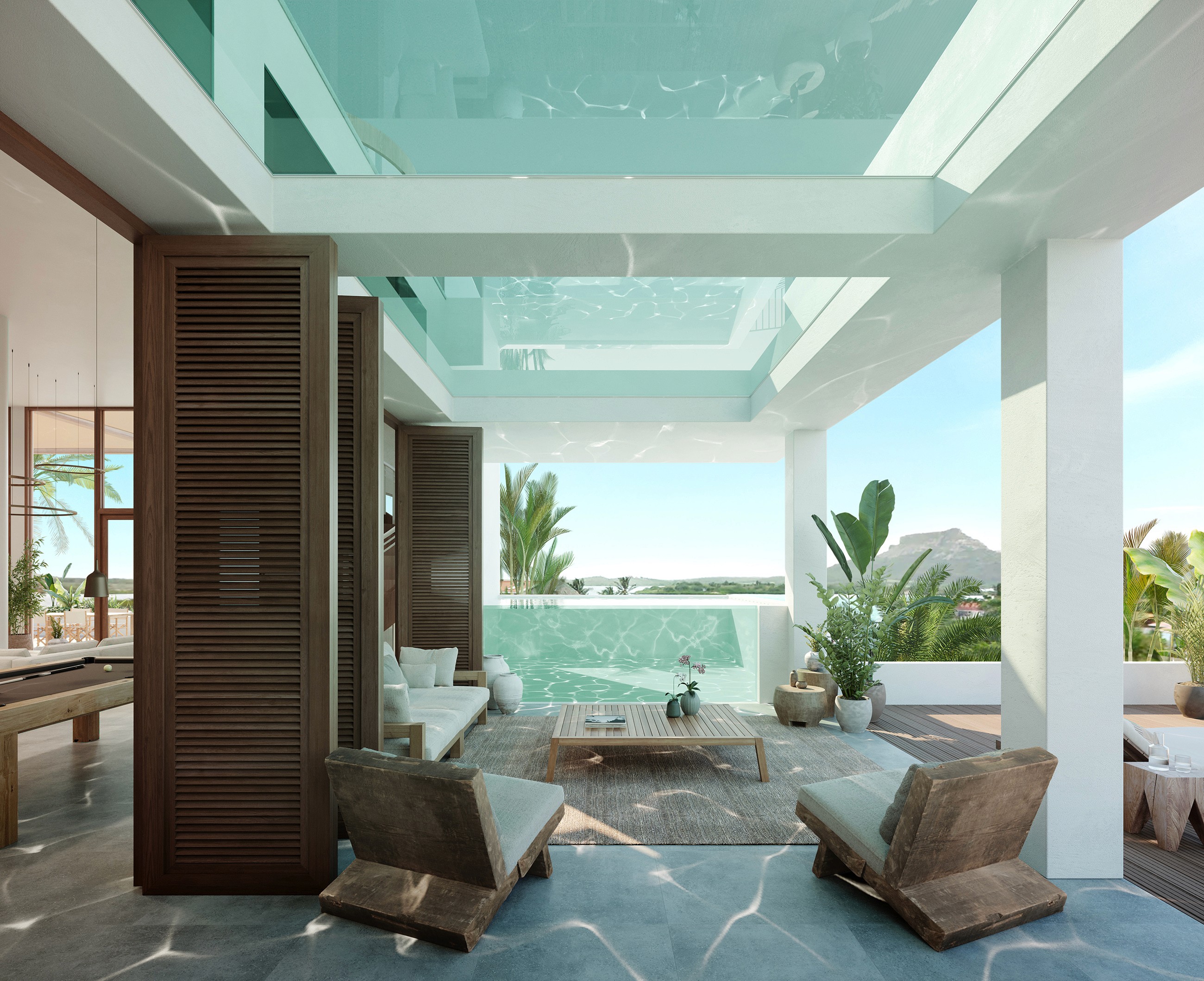 Rendered view of the villa, showing the first floor with overhanging pools