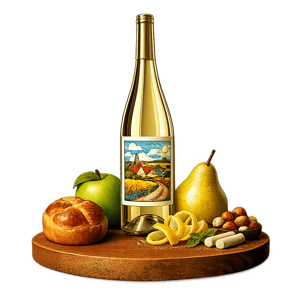 Artistic label and flavor profile for English Sparkling on a rustic wooden table.