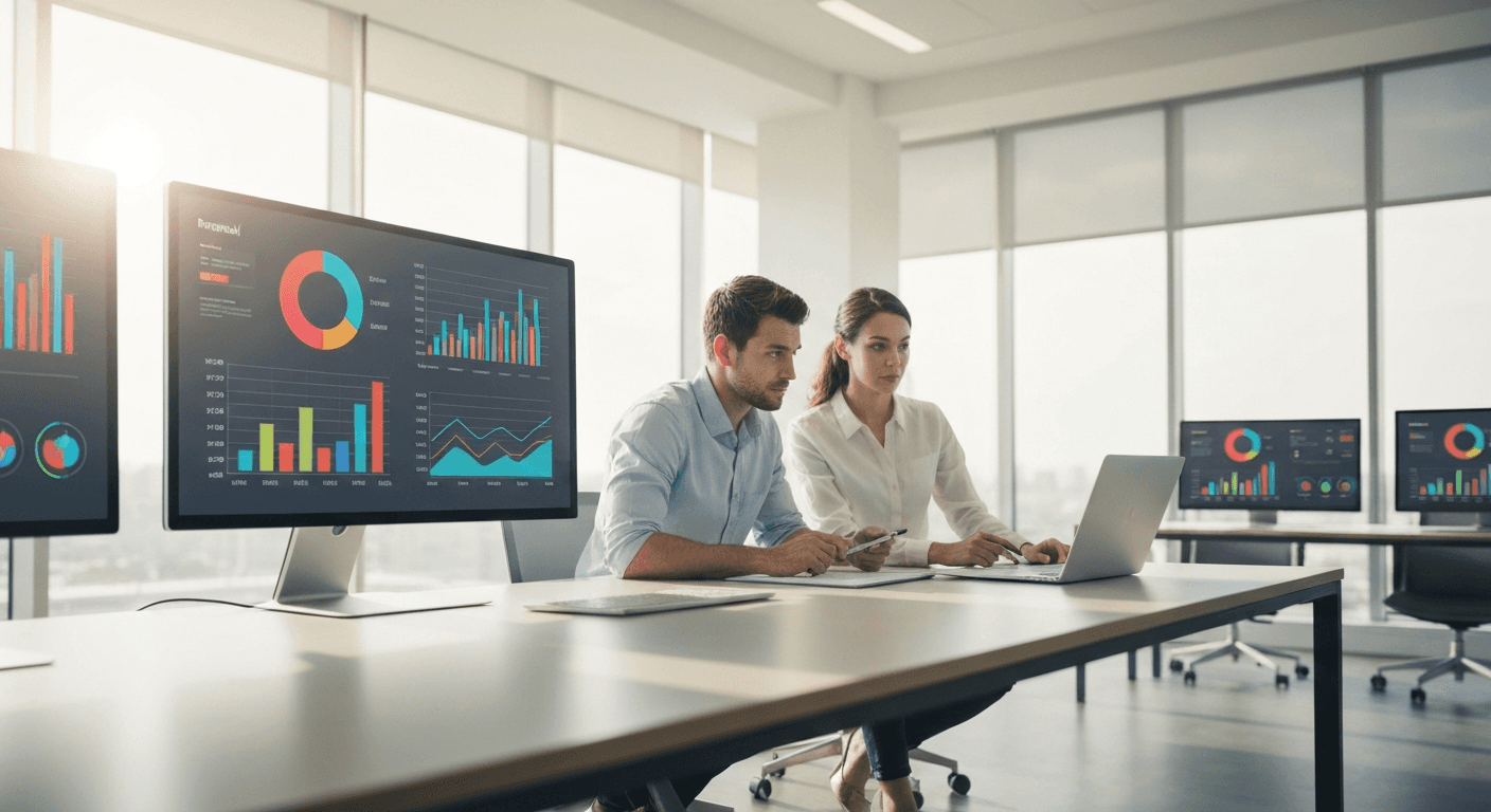 Professionals analysing renewal data charts