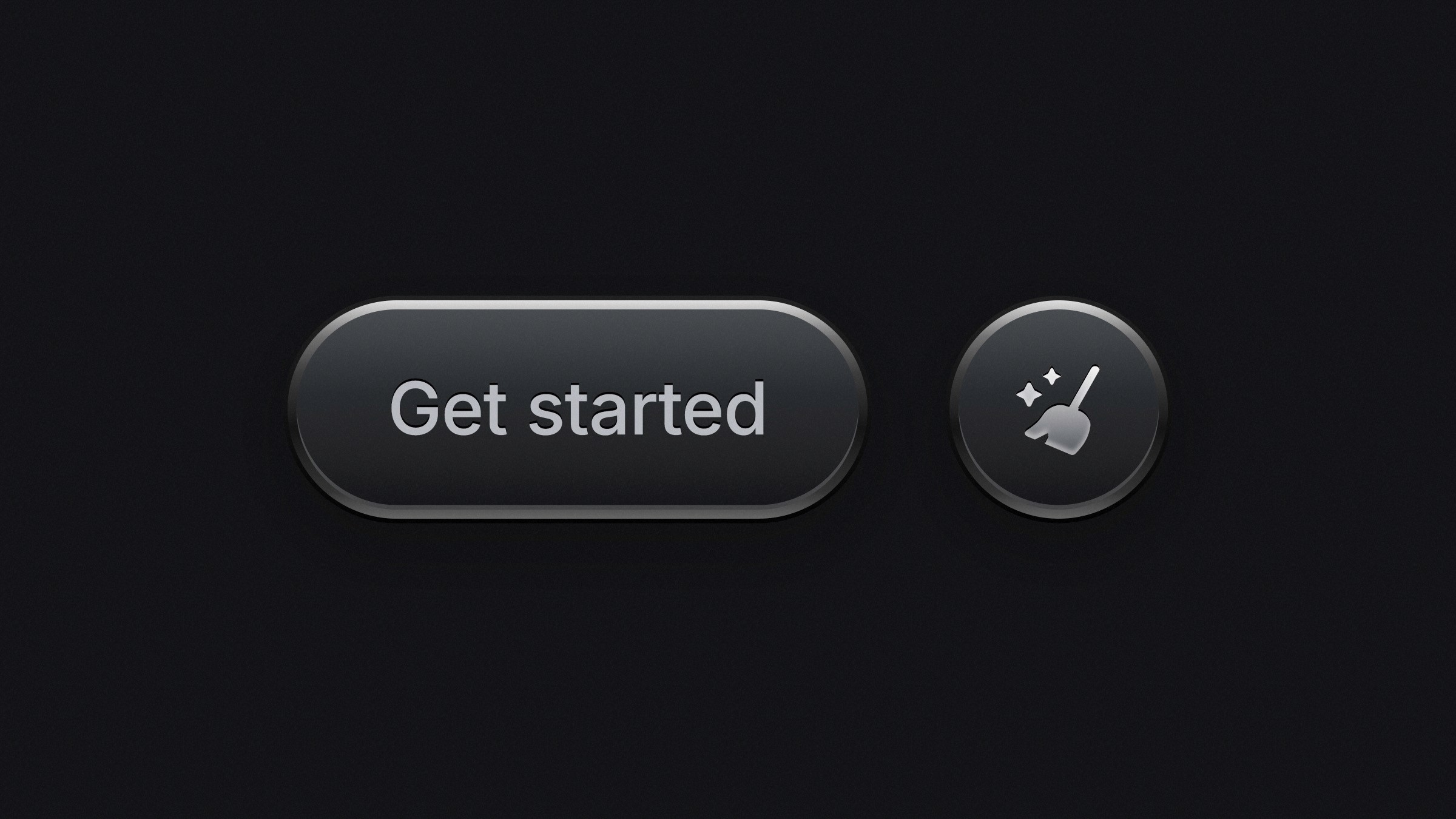 Dark-themed, metallic 'Get started' button with adjacent cleanup icon, suggesting initiation and optimization features