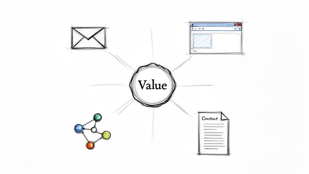 Sketch showing 'Value' at the center, linked to email, browser, content, and network elements.