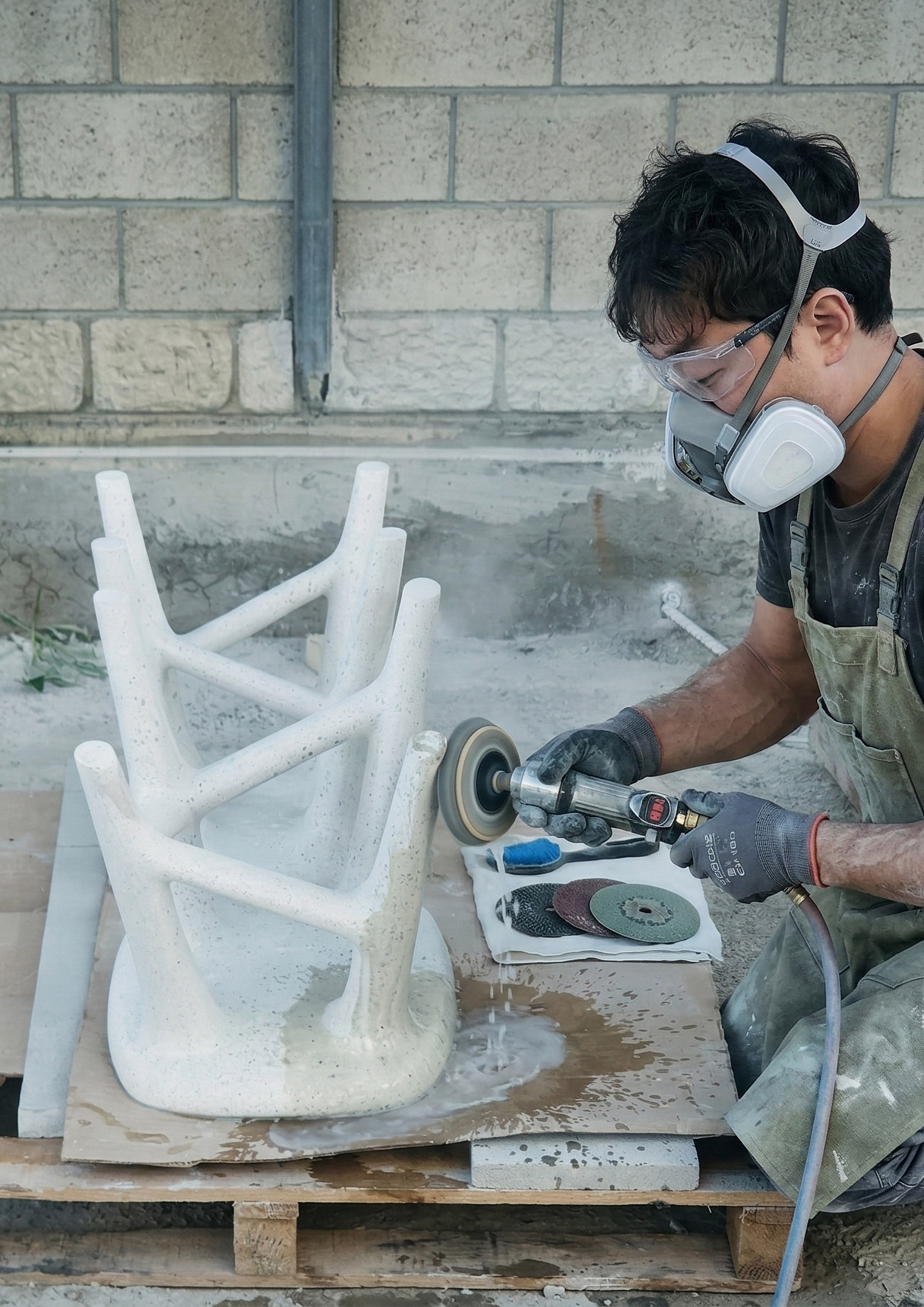 Office Studio with pictures on table lean on the wall.