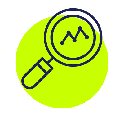 Icon showing a magnifying glass and a graph showing through the lense