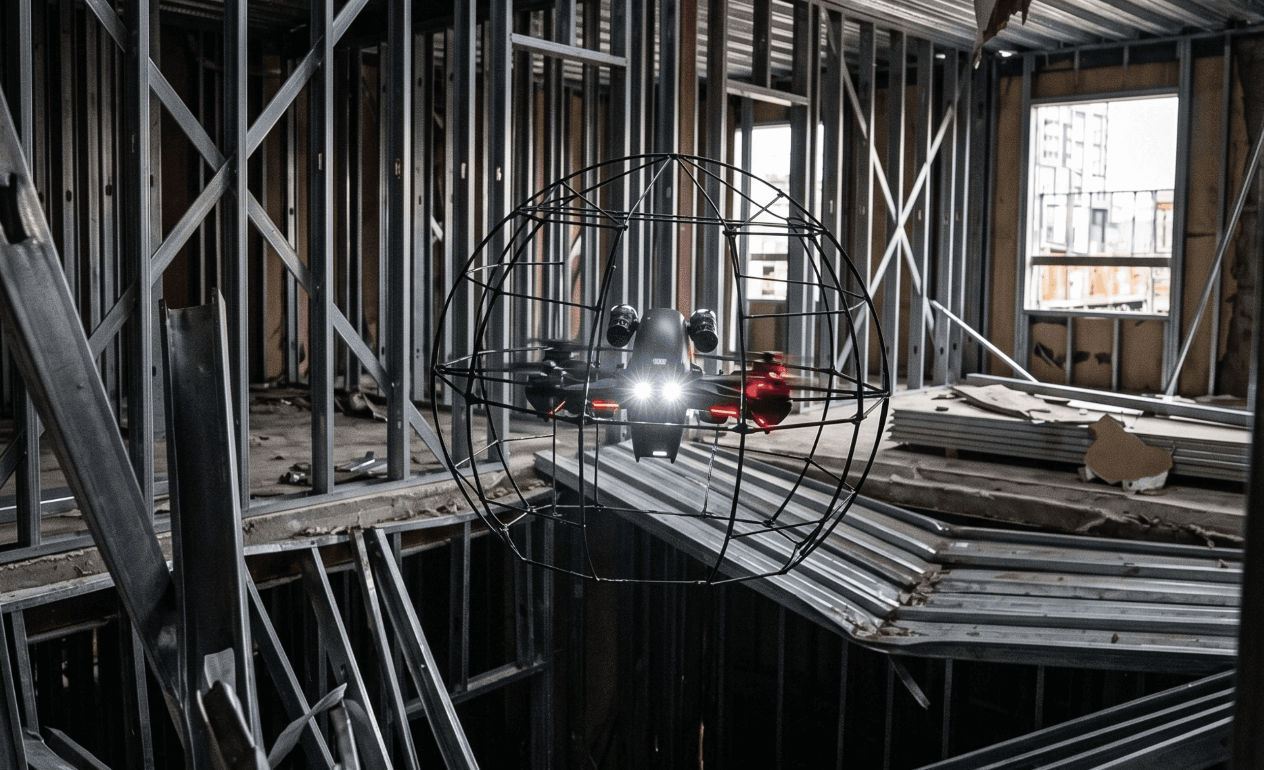 An indoor drone in a hard to reach area, doing an inspection so humans don't get in danger while conducting an inspection