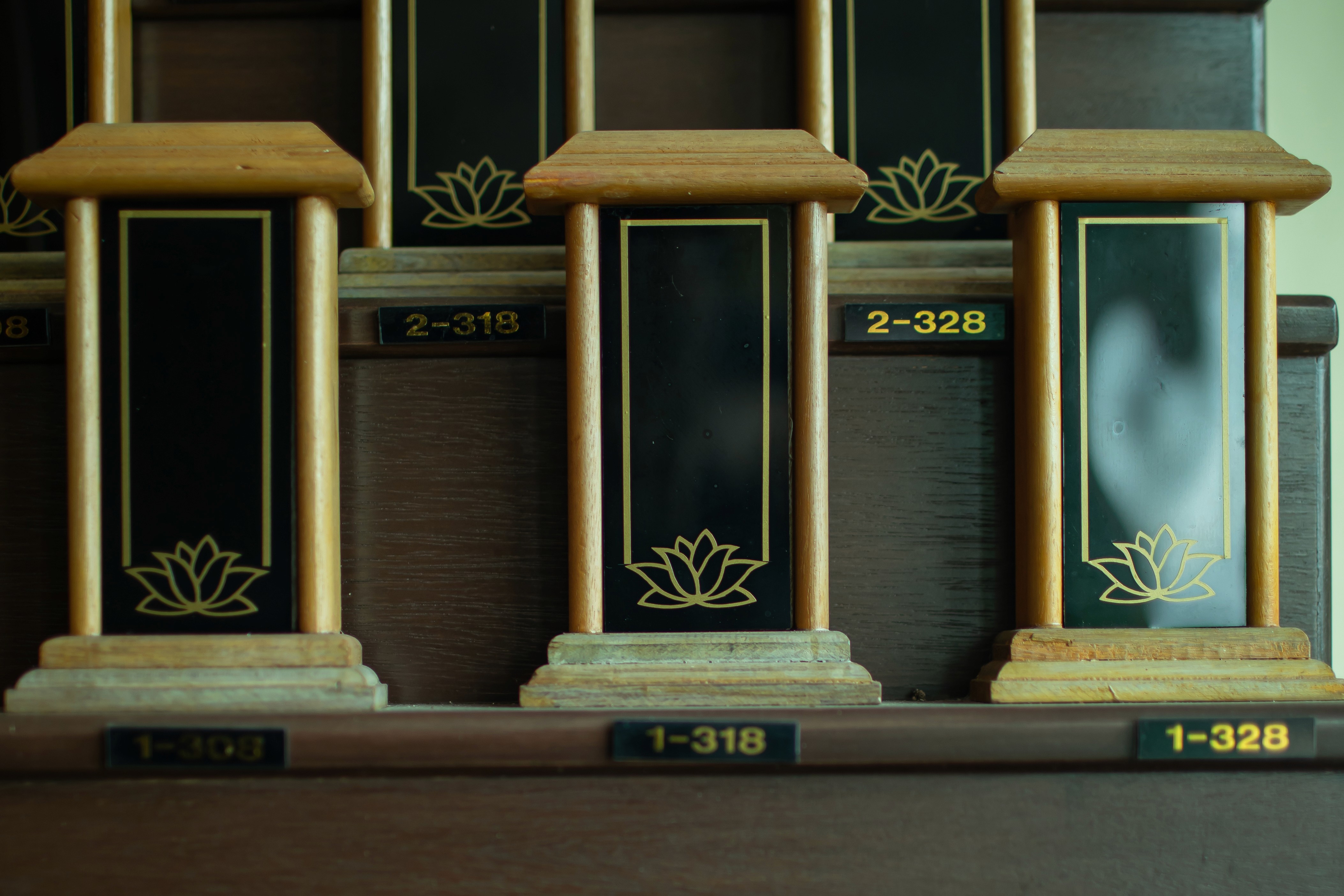 居銮中华纪念馆骨灰龛的特写，展示了精致的莲花雕刻和骨灰位的编号。