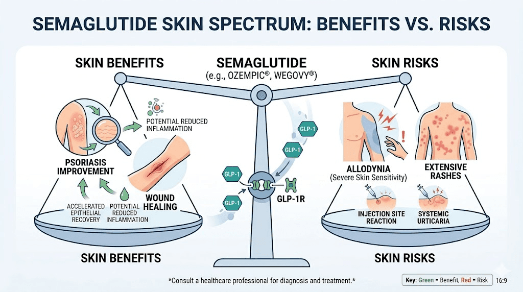 Semaglutide skin effects balance showing benefits versus risks