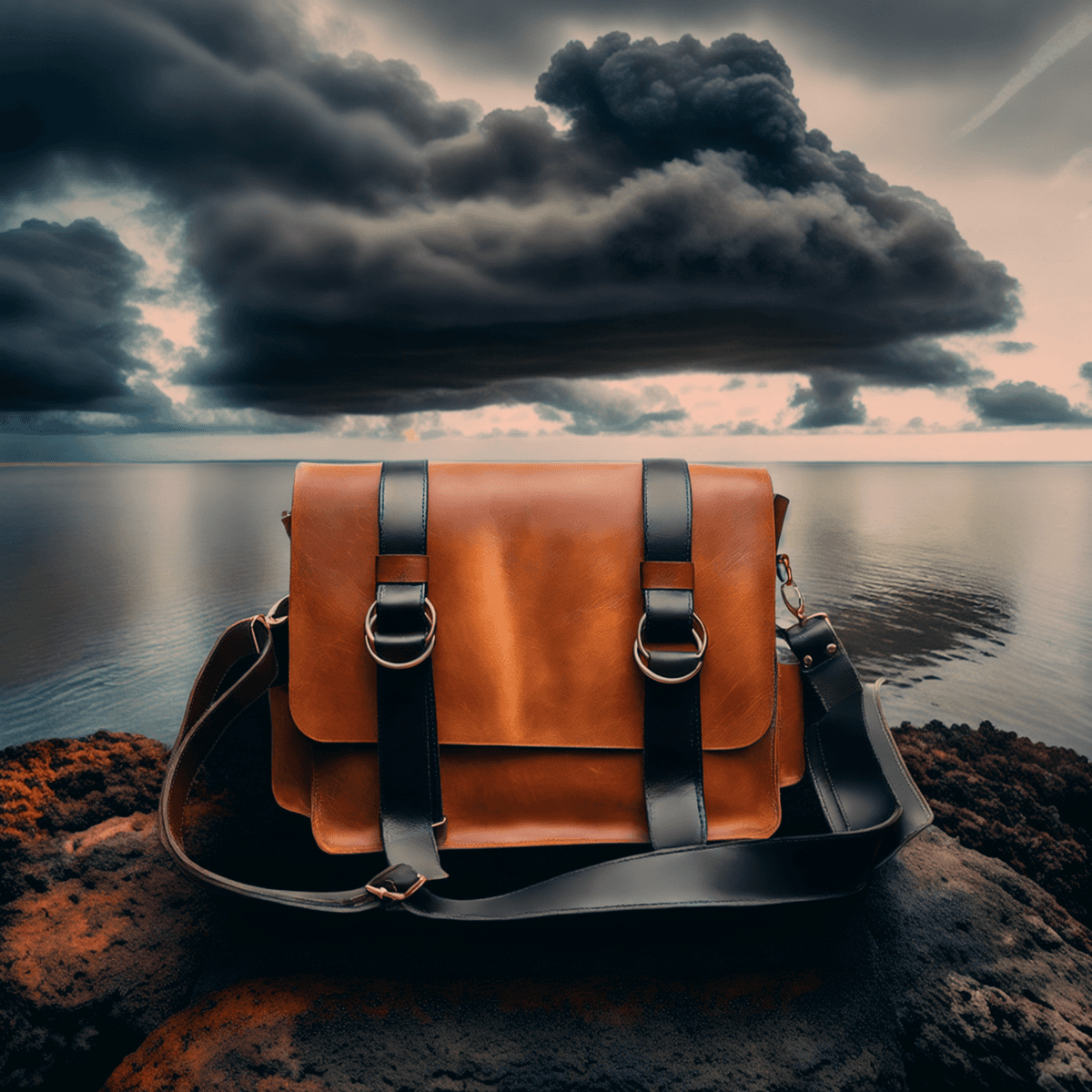 Leather bag over a rock in the coast. Image generated by AI using Fuzer