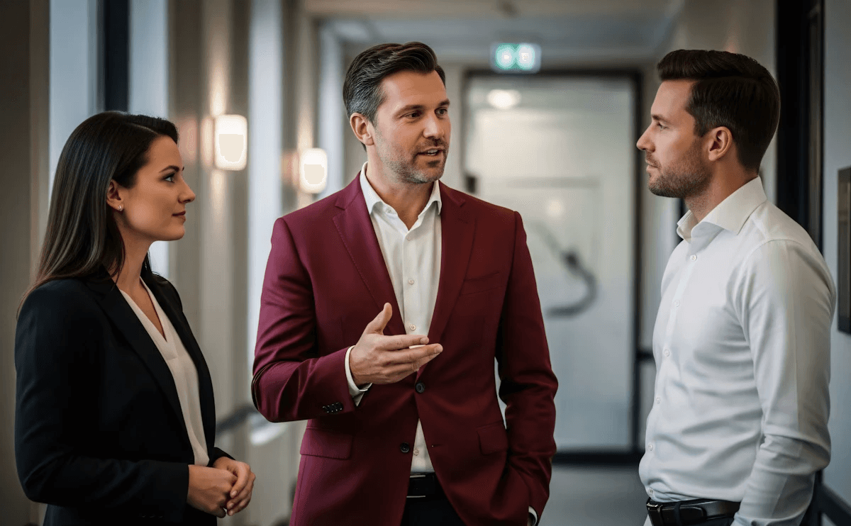 Three professionals in a modern office hallway engaged in a discussion, showcasing a collaborative and professional atmosphere.