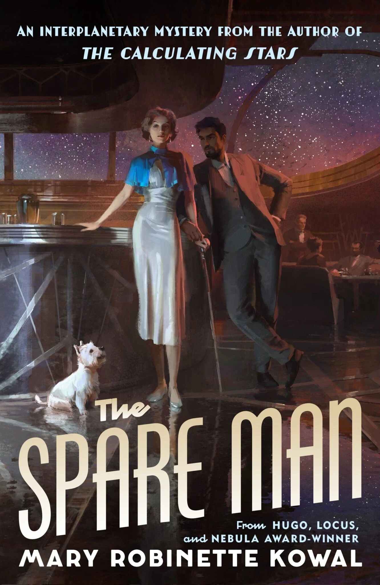 A stylish woman in a vintage futuristic setting leans on a sleek countertop with a man beside her, while a small dog sits on the floor, capturing a classic sci-fi mystery atmosphere.
