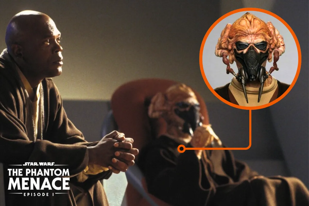 Jedi Master Mace Windu sits in the Jedi Council chamber in Star Wars: The Phantom Menace, with Jedi Master Plo Koon seated beside him. Plo Koon, a Kel Dor, wears his signature breathing mask and goggles. An inset zooms in on his face, highlighting his intricate alien features and mask design.