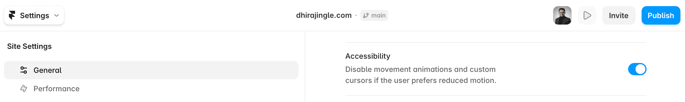 Framer UI screen shot to show how to toggle the motion accessibility. Setting > General > below metadata, you get the accessibility toggle!