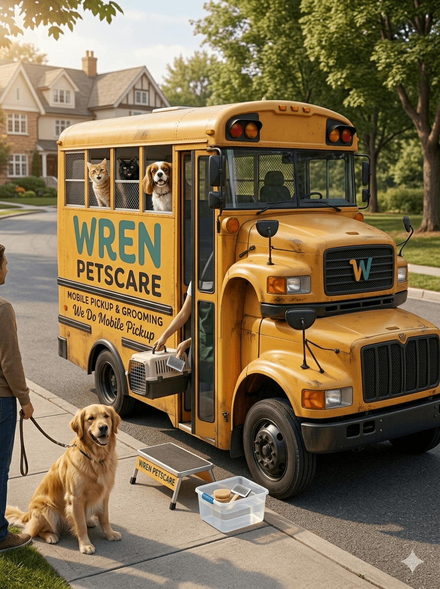 A 4k image of a mustard bus (wren petscare written in the body).